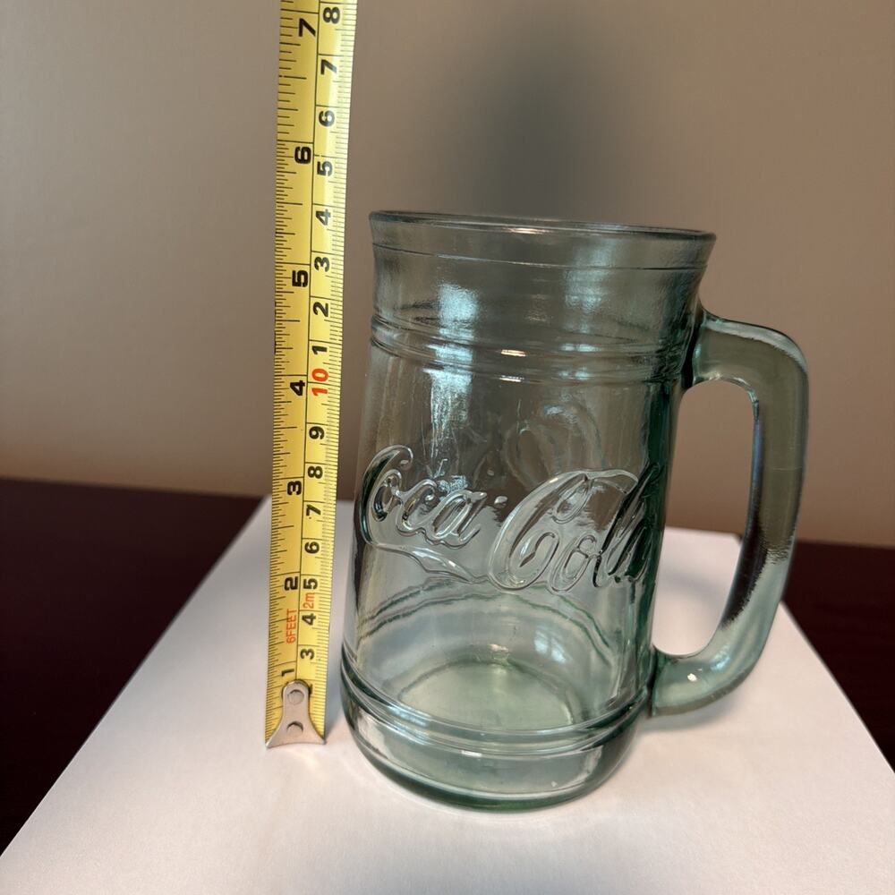 1 Vintage Coca-Cola 1 Side Coke Other Green Heavy Glass Embossed Mug with Handle